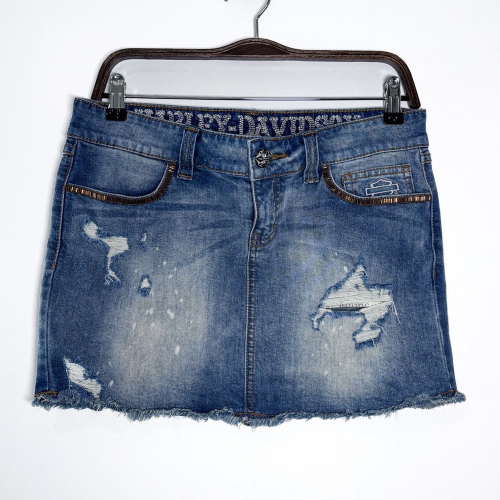 Harley-Davidson Y2K Distressed Beaded Blue Denim Casual Jean Mini Skirt Size 8